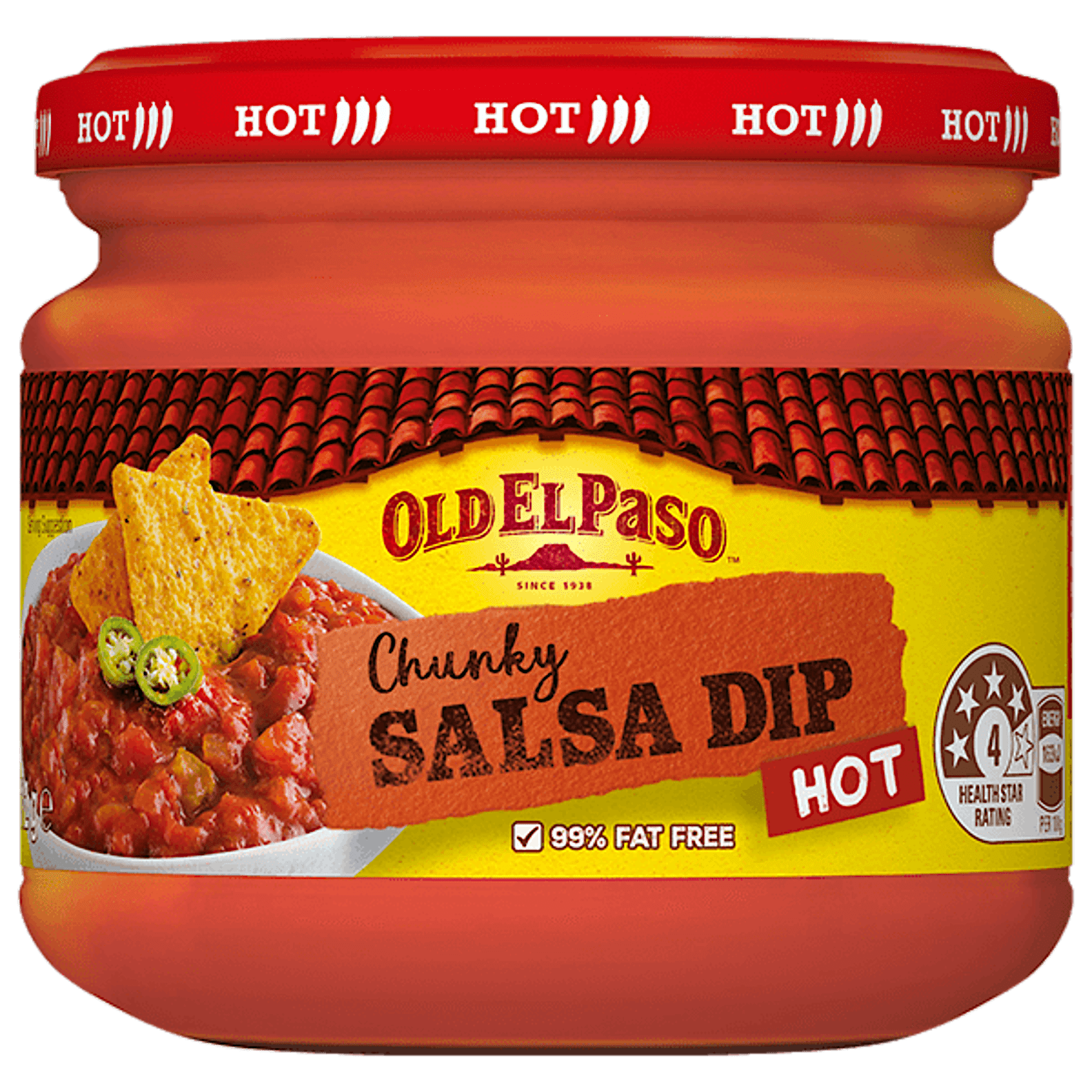 a glass jar of Old El Paso's hot chunky tomato salsa (312g)